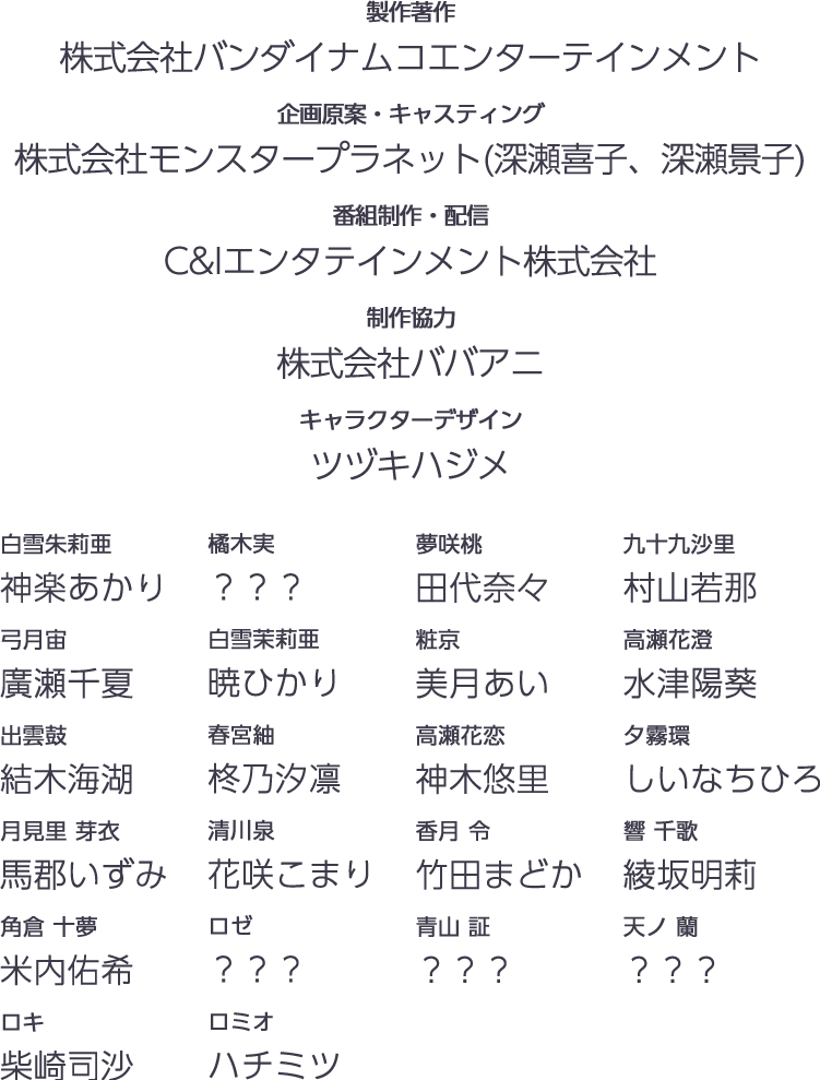 [製作著作]株式会社バンダイナムコエンターテインメント [企画原案 ・キャスティング]株式会社モンスタープラネット（深瀬喜子、深瀬景子）[番組制作・配信]C&Iエンタテインメント株式会社 [制作協力]株式会社ババアニ [キャラクターデザイン]ツヅキハジメ 白雪朱莉亜 神楽あかり、橘木実 ？？？、夢咲桃 田代奈々、九十九沙里 村山若那、弓月宙 廣瀬千夏、白雪茉莉亜 暁ひかり、粧京 美月あい、高瀬花澄 水津陽葵、出雲鼓 結木海湖、春宮紬 柊乃汐凛、高瀬花恋 神木悠里、夕霧環 しいなちひろ、月見里 芽衣 馬郡いずみ、清川泉 花咲こまり、香月 令 竹田まどか、響 千歌 綾坂明莉、角倉 十夢 米内佑希、ロゼ ？？？、青山 証 ？？？、天ノ 蘭 ？？？、ロキ 柴崎司沙、ロミオ ハチミツ